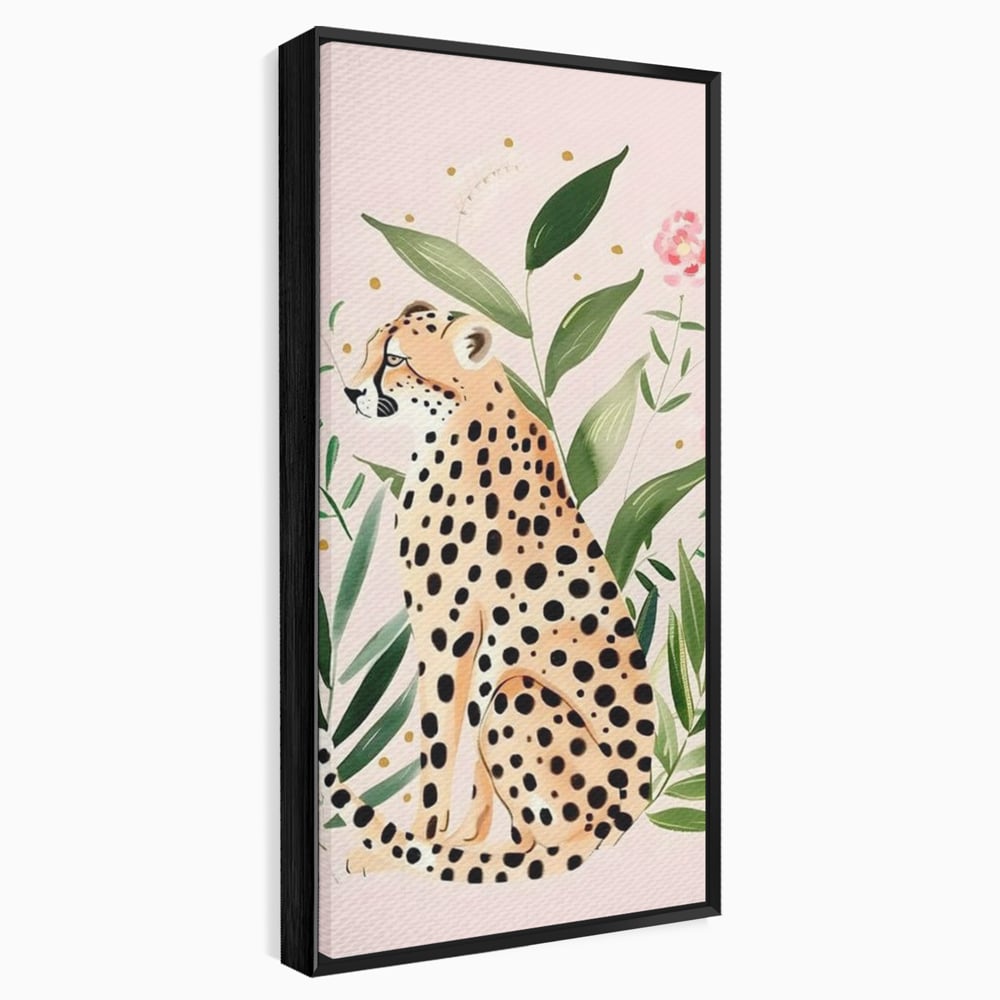 Tablou canvas cu tablou canvas cu leopard si frunze tropicale, in rama de aluminiu negru